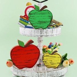 Teacher Appreciation Gift Back to School Wooden Desk Decor Retro Apple Wood Table Signs Vintage Rustic Apple Table Centerpiece Back to School Decorations Office Desktop Decor