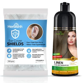 Herbishh Lenin 3 in 1 Hair Dye Shampoo 16.9 Fl Oz and Hair Dye Stain Protection for Ears 100 pcs Combo, Champu Para Canas Mujer - Color Shampoo for Gray Hair & Waterproof Plastic Ear Shower Caps