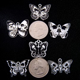 Anjulery 24Pcs Silver-Tone Skull Butterfly Enamel Charms Set, Gothic Metal Pendants for DIY Jewelry Making, Halloween Craft Supplies (Skull Butterfly-B)