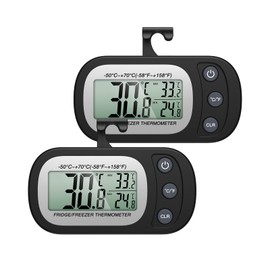 Upgraded AMIR Refrigerator Thermometer, Waterproof Mini Freezer Thermometer, Digital Thermometer with Hook, LCD Display, ℃/℉ Switch + Max/Min Record, for Kitchen, Home, Restaurants, Black, 2 Pack