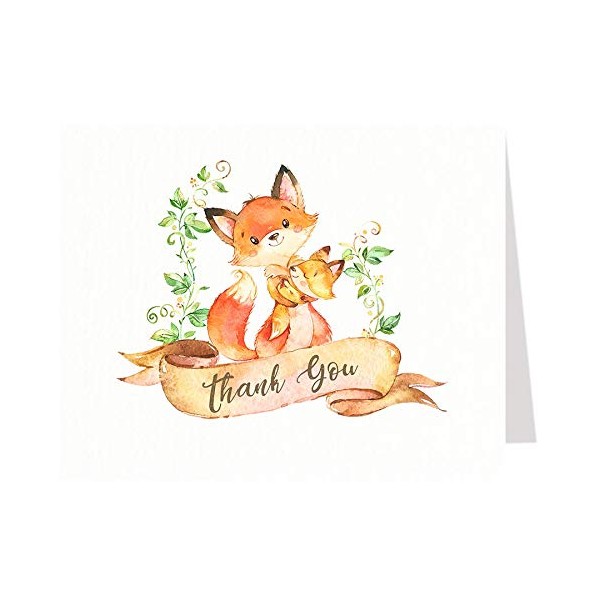Fox Baby Shower Thank You Cards Folding Thank You Notes Sprinkle Thanks Fox Forest Friends Woodland Creatures Orange Green Rustic Watercolor (50 count)