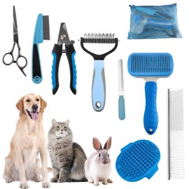 KUEIOX Dog Brush for Shedding,9 PCS in One Pet Slicker Hair Brush Kit with Pet Nail Clipper and File - Dog Cat Grooming Deshedding Undercoat Rake Brush Comb for All Small Large Dogs Cats Blue