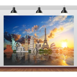 CORFOTO Travel Around The World Backdrop Fabric 5x3ft Global Famous Monuments World Landmarks Background US Statue of Liberty Paris Eiffel Tower Backdrops for Travel Party Decor Adult Portrait Prop