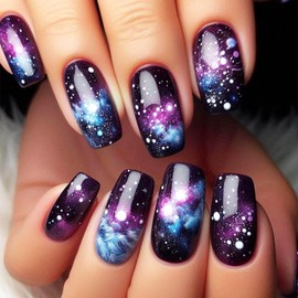 24Pcs Stars Sky Press on Nails Purple Gradient Acrylic Medium Square Fake Nail Universe Gel Glue on Nail Glossy Blue Ombre False Nails Milky Way Stick on Fingernails for Coquette Women Girls