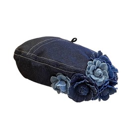RUNQIU Women's Beret Hat, Denim Flower, 3D, Floral Decoration, Solid Color, Spring and Summer, Cool, Cute, Small Face Effect, Size Adjustable, navy