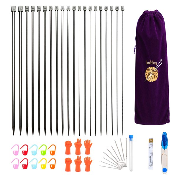 KOKNIT 13.5'' Knitting Needle Set, 22PCS 2mm(B)-8mm(L)Straight Lightweight Single Pointed