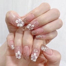 BQZQPAMZ Flower Design Coffin Shaped Press on Nails Sequin Glitter Fake Nails With Glue Medium Length Glossy Full Coverage Acrylic Nails for Women Daily DIY Floral Nail Art Supplies