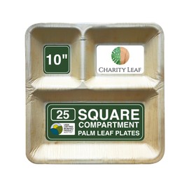 Charity Leaf Compostable 10" Square Compartment Palm Leaf Dinner Plates (25-pack) | Premium, 100% Natural, Disposable, Heavy Duty | Perfect for Parties, Weddings & Catering Events
