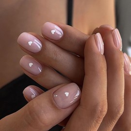 Small Heart Press on Nails Nude Pink Fake Nails, LPOODDNU Short Square Press on Nails Valentine’s Day False Nail Tips Glossy Acrylic Nails Press ons Glue on Nails Short Stick on Nails for Women