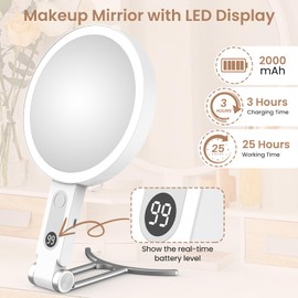 Travel Makeup Mirror with Lights, 1X/20X Magnifying Lighted Makeup Mirror with LED Display ,2-Sided Rechargeable Beauty Mirror with 3 Color Lights & Touch Control, Adjustable Vanity Mirror for Women