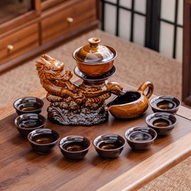 Ceramic Teapot with Infuser Semi Automatic Tea Set Magic Teapot with 8 cups Gradient Color (Yellow Dragon- B)