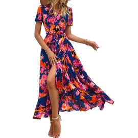 PRETTYGARDEN Women's Summer Wrap Maxi Dress Casual Boho Floral V Neck Short Sleeve Ruffle Hem Split Beach Long Dresses (Blue Orange Floral,Medium)