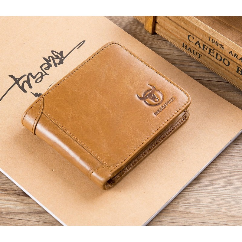 BULLCAPTAIN Men's Genuine Leather RFID Trifold Wallet with 2 ID