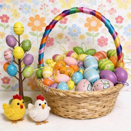 34Pcs Easter Egg Decorations Set, Colorful Eggs for Easter Tree Hanging Ornaments, Plastic Egg for Spring Summer Home Holiday Party DIY Craft Decor(Painted)