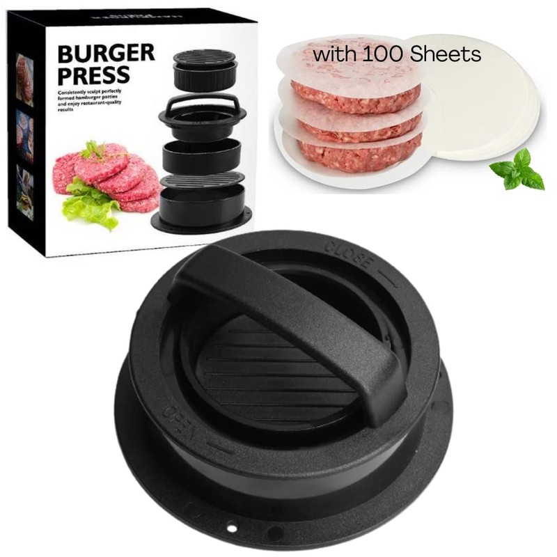 Burger Press with 100 Wax Paper Sheets, 3 in 1