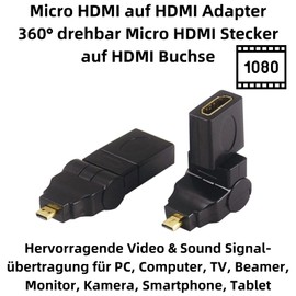 Bolwins G40S 360° Rotating Micro HDMI to HDMI Adapter - Micro HDMI Male to HDMI 2.0 Female, HD and 3D Support, Gold Plated Connectors, Compatible with Smartphones, Tablets, Cameras