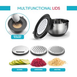 Mixing Bowls with Airtight Lids - 8PCS Stainless Steel Nesting Mixing Bowls Set with 3 Grater Attachments & Non-Slip Bottoms, Black Kitchen Bowls, Sizes 5, 4, 3.5, 2, 1.5QT for Baking & Kitchen Gift