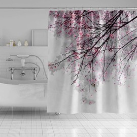 OERJU Cherry Blossoms Shower Curtain Outdoor Pink Floral Brown Branch Japanese National Flower Beautiful White Bath Curtain Waterproof Polyester Fabric Bathroom Decor Set with Hooks 72x72inch