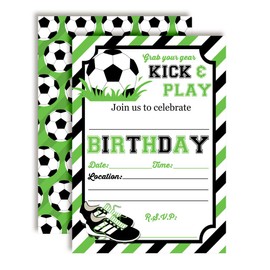 Green & Black Kick and Play Soccer Themed Birthday Party Invitations for Boys, 20 5x7 Fill In Cards with Twenty White Envelopes by AmandaCreation