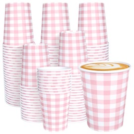 JCTHKUKU 100 Pcs Gingham Paper Drinking Cups, Pink Checkered Disposable Cups for Girl Baby Shower, Bridal Picnic, Birthday, Hot Cold Beverage, Pink Gingham Party Supplies & Decorations (9 oz)