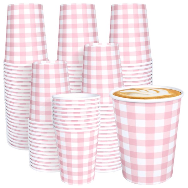 JCTHKUKU 100 Pcs Gingham Paper Drinking Cups, Pink Checkered Disposable
