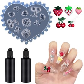 AYDZWJM 3D Cherry Strawberry Nail Design Nail Art Silicone Molds, Silicone Nail Molds with 2Pcs Crystal Drops,Nail Decor Nail Stencils Silicone Mold Nail Supplies Nail Accessories