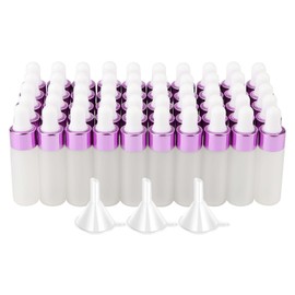 Kesell Paquete de 50 botellas cuentagotas de vidrio esmerilado de 5 ml, aceites esenciales recargables, loción para el cuidado de la piel, frascos de muestra con 3 embudos, tapa morada