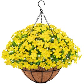 Besteek Artificial Hanging Plants Flowers with Basket for Spring Summer Outdoor Decoration, Fake Flowers UV Resistant with Hanging Planter for Front Porch Patio Garden Yard Home Decor, Yellow
