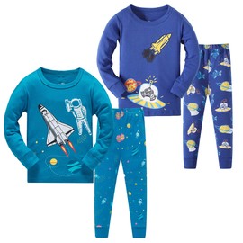 LOLPIP Long Sleeve Pyjamas Sets for Boys 100% Cotton Pajamas 4-Piece Kids PJs Size 5 Years Rockets Blue