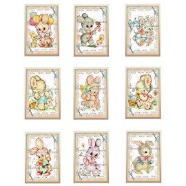 EQ Printable Cotton Fabric Cute Baby Bunnies Reproduction Cotton Fabric Quilt Blocks (9) @ 2X3" Each