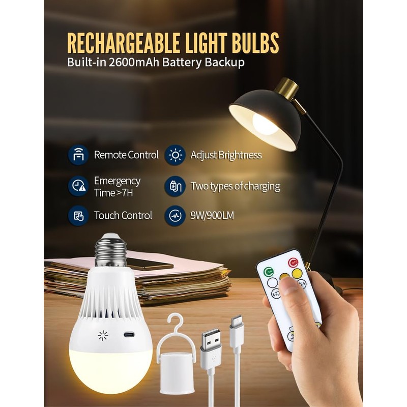 Rechargeable Light Bulbs with Remote, 3 Colors Shift + Dimmable
