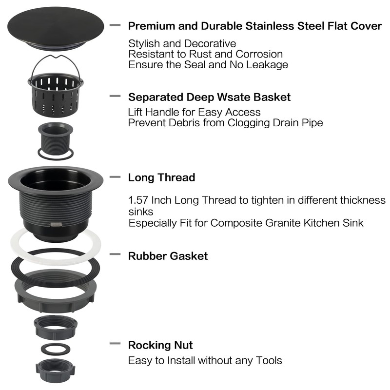 Kitchen Sink Drain Assembly,Black Sink Strainer Opening 3 1/2",Black Kitchen