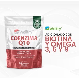 Wellthy Coenzima Q10 100 Cápsulas. Co Q1030mg. Reforzado con Biotina, Omega 3, 6 y 9. 100 Porciones por Envase, Softgel, Bottle Fre