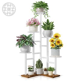 NQW 6 Tier Wood Metal Tall White Indoor Plant Stand for Multiple Plants