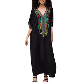 Women V Neck Embroidery Arabic Kaftan Casual Beach Wear Cover Up Side Split Long Dress Black