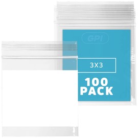 GPI 100 Count 3" x 3" CLEAR PLASTIC RECLOSABLE ZIP BAGS - Bulk 2 mil Thick Strong & Durable Poly Baggies With Resealable Zipper Top Lock & write-on white block, for storage, packaging & shipping