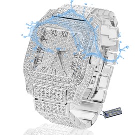 Halukakah Moissanite Diamond Gold Watch for Men - 18 Carat Real Gold/Platinum White Gold Plated, Roman Numerals, Square Dial, 200 g Heavy, 3 Sides Iced Out, 24 cm Bracelet - Gift Box Included,