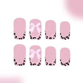 24Pcs French Tip Press on Nails Short with Pink Leopard Print Bow Designs,Pink French Nails Cute Bow Press ons Stick on Nails Short Square Shape Acrylic Nails Cute Finger Manicure Decor for Women