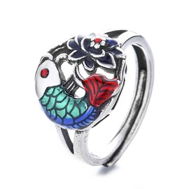 Zeshimb Cute Fish Flower Ring Small Lucky Koi Ring Adjustable Open Wrap Fish Floral Ring Lovely Fish Index Finger Ring Vintage Brocade Fish Statement Ring Jewelry for Women