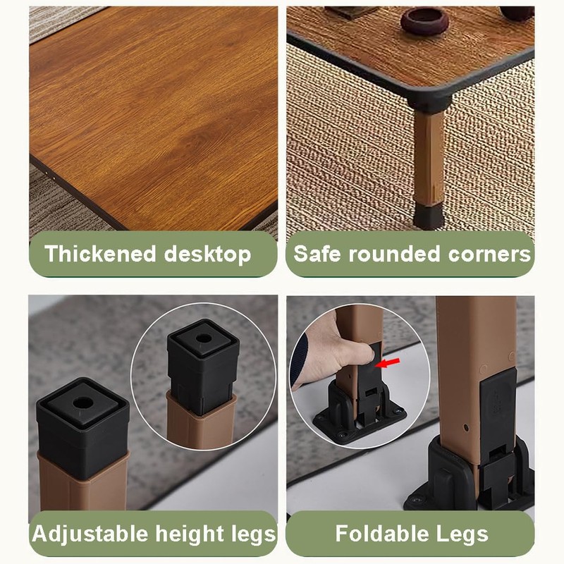 WIKLMOTH Japanese Wooden Folding Tea Coffee Tables, Square Floor Adjustable