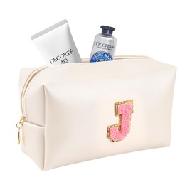 Preppy Large Makeup Bag-Customized Initial PU Leather Travel Cosmetic Bag,Ideal for Storing Makeup,Toiletries,and More,Gift for Women,Girlfriends,and Girls（Pearly White-Pink, J）