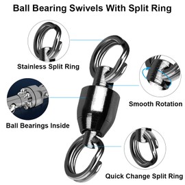 QISHUO Ball Rolling Bearing Swivel Saltwater High Strength Fishing Swivel Steel Bearing Connector Fishing Swivels Stainless Black Nickel 50pcs 8lbs