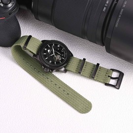 BISONSTRAP Nylon Watch Straps for Men, One-Piece Military Watch Bands, 20mm, Army Green (Black Buckle)