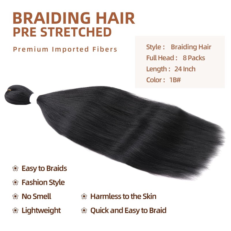 Braiding Hair Pre Stretched 8Packs 24Inch Extensions for Twist or
