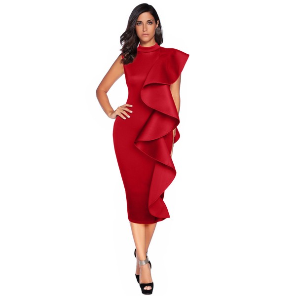 High Neck Dress with Ruffle for Formal Event Midi Celebration