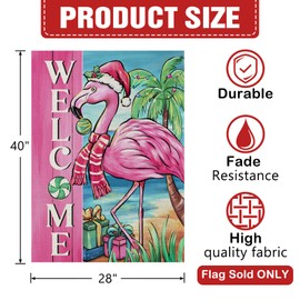 Dyrenson Welcome Christmas Flamingo 28 x 40 House Flag Double Sided, Pink Xmas Holiday Beach Coastal Garden Yard Decorations, Tropical Hawaii Winter Burlap Outdoor Decor Decorative Large Flag