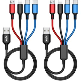 usb 充電ケーブル 4in1 (デュアルUSB C 2本入) 携帯電話、タブレット、イヤホン、その他のデバイスを充電するためのマルチ充電ケーブル (非急速充電) ナイロン編組 3in1 USB ケーブル