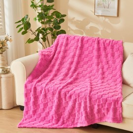 NEWCOSPLAY Super Soft Throw Blanket Hot Pink Premium Silky Flannel Fleece 3D Checkered Lightweight Bed Blanket All Season Use (Hot Pink Checkered, Throw(50"x70"))
