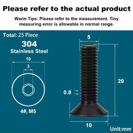Drenky Countersunk Bolts, M5 Black Socket Screws M5 X 20mm 25 Pcs Hex Screws DIN 7991 / ISO 10642 Rustproof Machine Screws 304 Stainless Steel Hex Socket Countersunk Bolts, Fully Thread