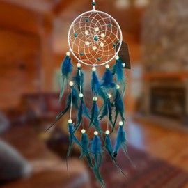 AWLEE Blue Dream Catchers, Handmade Feather Native American Circular Net for Kids Bedroom, Dreamcatcher Wall Hanging Decoration Art Craft